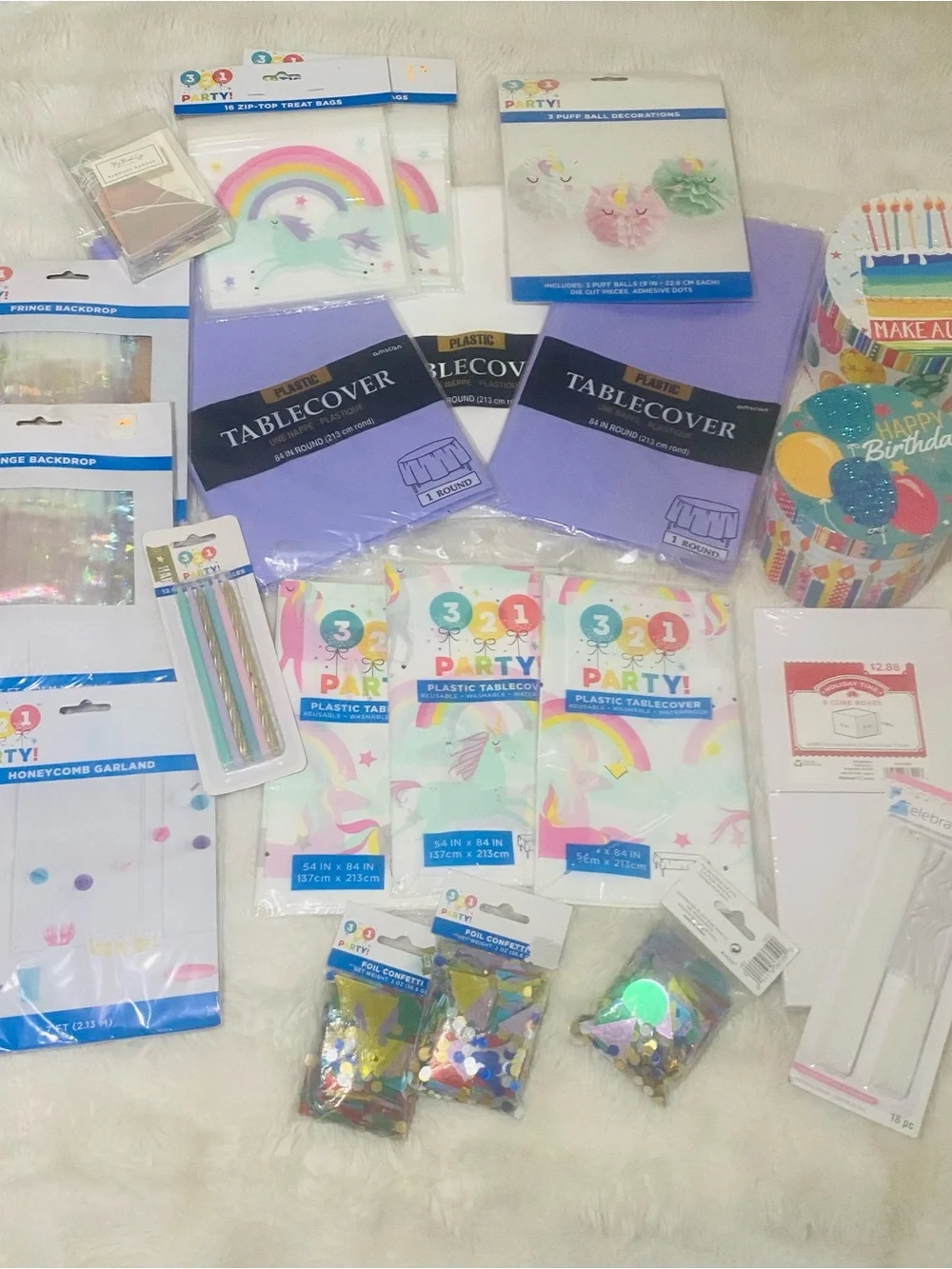 3-2-1 Party Pastel Purple Tablecover and Party 21 Set Unicorn Rainbow